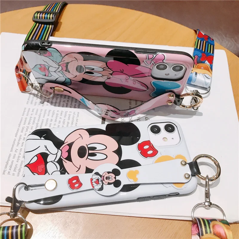 Disney Cartoon Mickey Minnie Mouse Daisy Donald Duck Wrist Strap Lanyard Phone Case For IPhone 12 Pro Max 11 7 8 Plus X XR SE XS