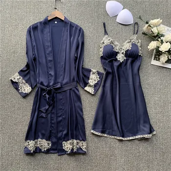 

Women Robe & Gown Sets Silk Nightwear Night Dress Set Sexy Lace Bathrobe Satin Lounge Set Robe Pijama with Chest Pads Pyjama