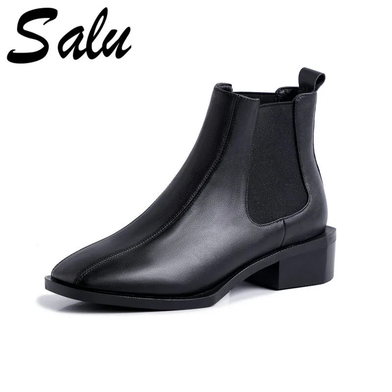 

Salu Quality Genuine Leather Short Basic Boots Women Slip-on Women Ankle Boots Round Toe Low Heels Party Shoes Woman