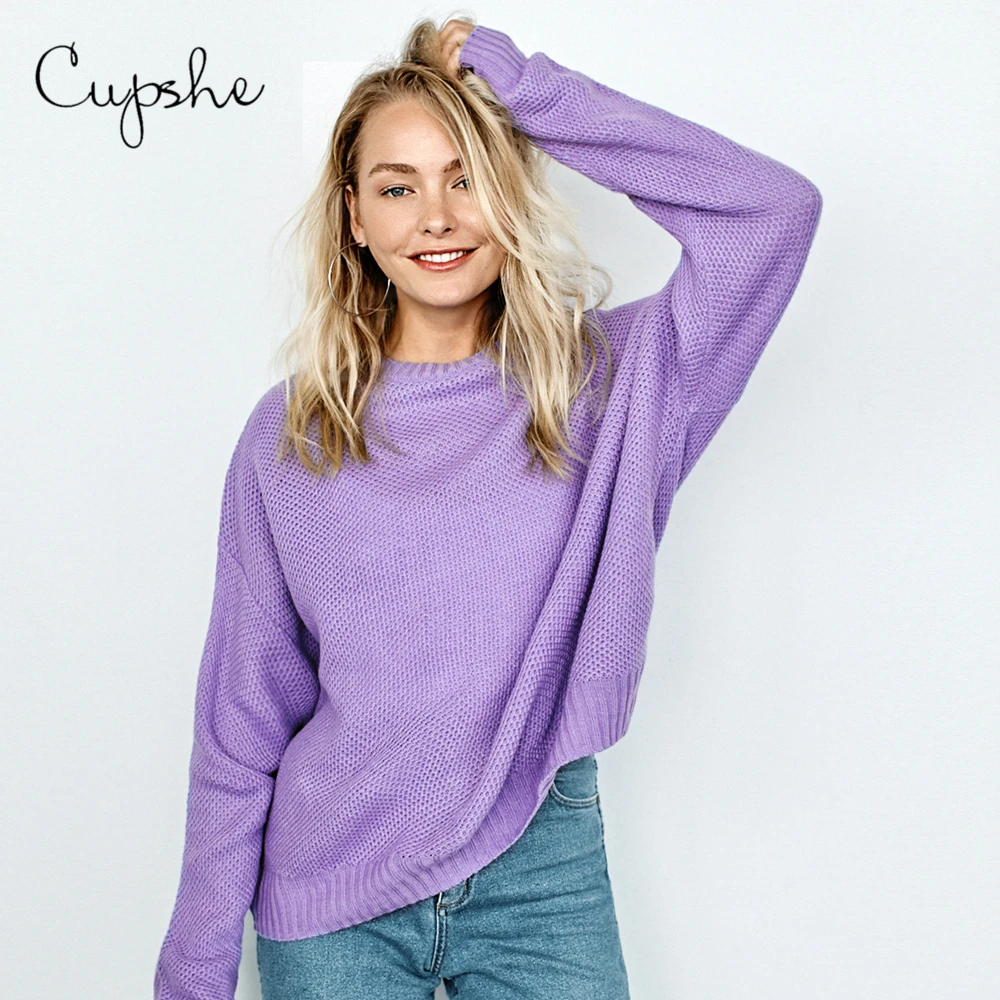 CUPSHE фиолетовый женский свитер, сексуальный Свободный вязаный джемпер с длинным рукавом,, осенне-зимние женские пуловеры