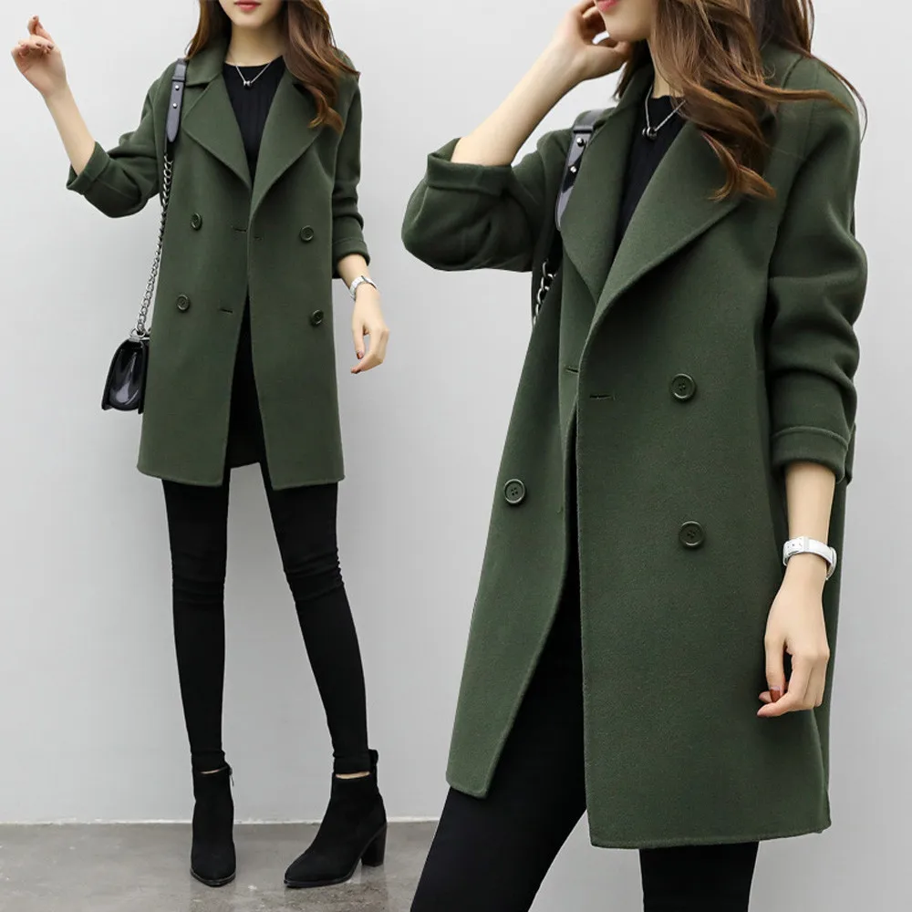 Длинное шерстяное теплое пальто для женщин на пуговицах однотонное женское черное длинное пальто зимнее теплое ветрозащитное пальто Модные женские смесовые пальто - Цвет: Зеленый