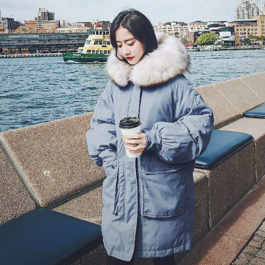 

2019 Winter Lantern Sleeve Large Pocket Hooded Cotton-padded Clothes Women's Haze Blue Mid-length Large Fur Collar Thick Cotton