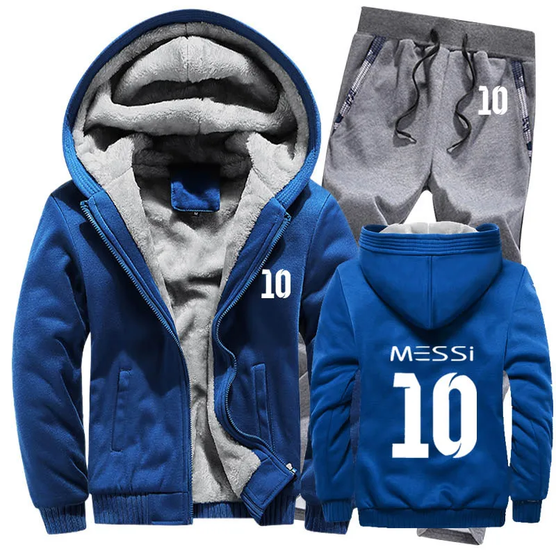 Зимняя мужская толстовка с капюшоном Messi 10 принт мужские s толстовки костюм толстый теплый флис хлопок спортивный костюм на молнии мужская куртка+ брюки комплекты из 2 предметов - Цвет: 824