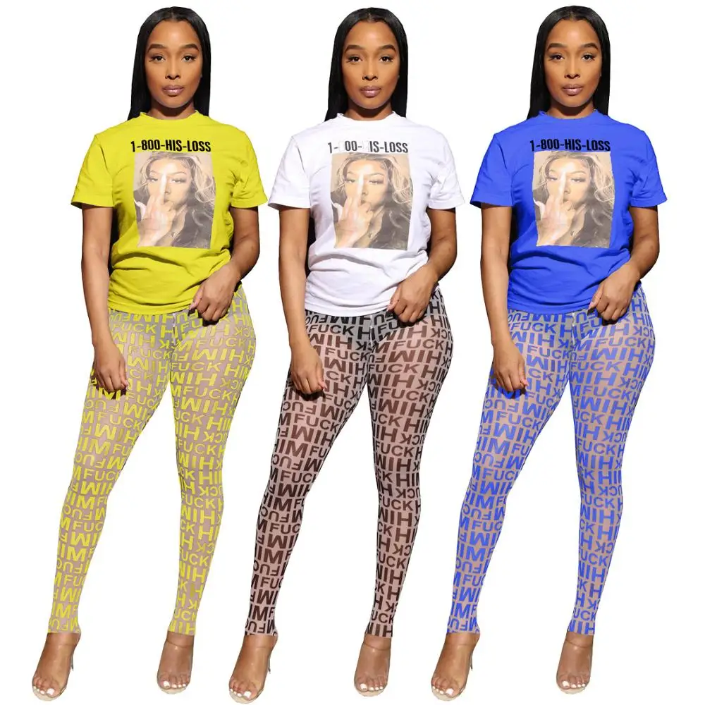 

hot fashion summer two piece set women two piece outfits tracksuit women set mesh pants and T shirt