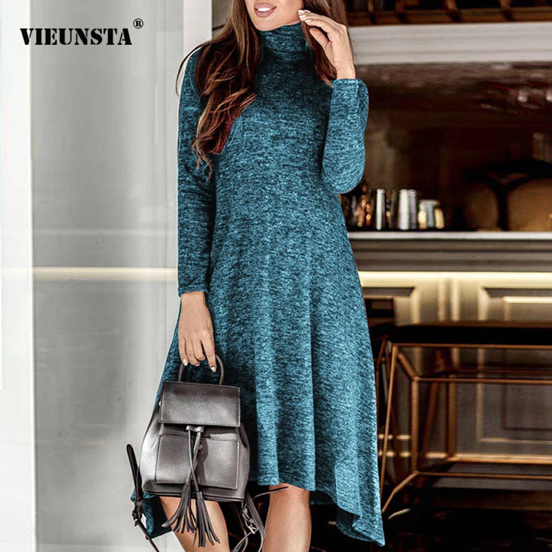 

VIEUNSTA Autumn Elegant Turtleneck Warm Knitted Dress Sexy Long Sleeve Party Dress Women Office Ladies Solid Irregular Dress 2XL