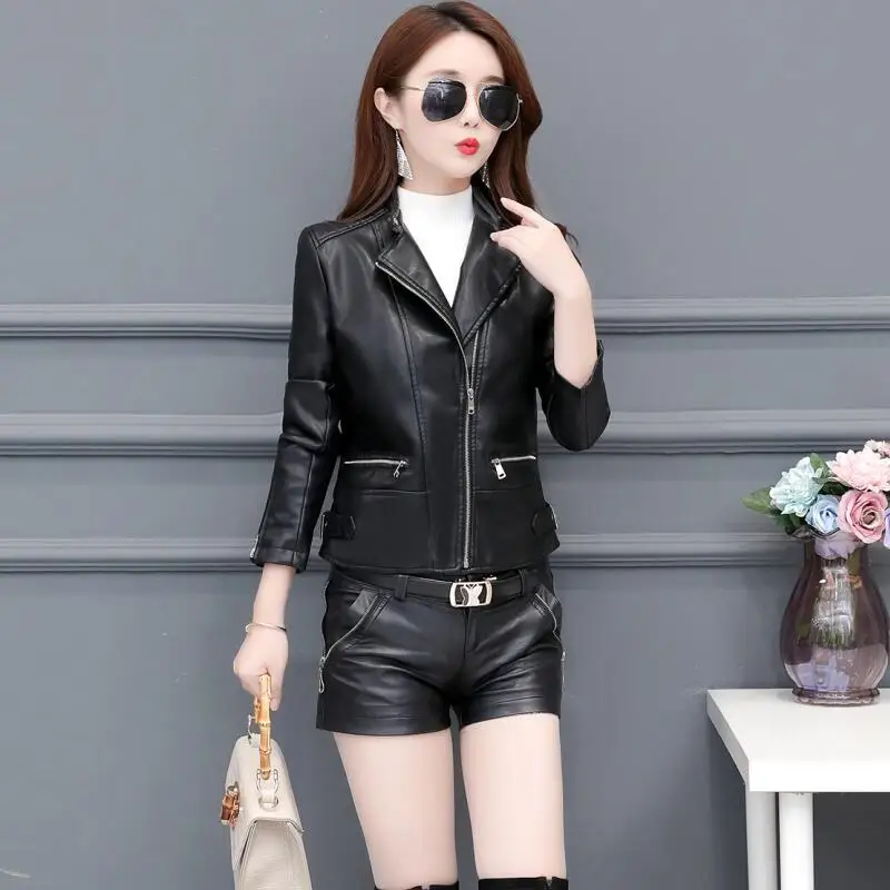 Black Leather Jacket Women New Spring Autumn Women's Leather Clothing Short Slim Motorcycle Leather Coat Female Outerwear