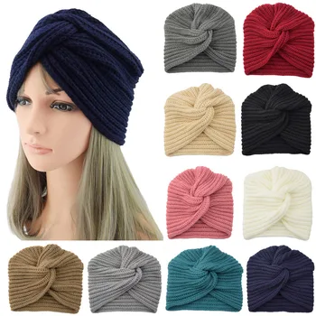 

Women Bohemian Hat New Wool Knitting Solid Center Crossed Hair Muslim Scarfs Hat Autumn Winter Fashion Casual Sombrero DH