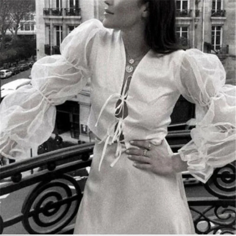 

Female Autumn Loose Tops Wear Fashion Bandage Long Puff Sleeves Short Casual Blouses Ladies' Solid Color Tunic Tee Fall Hot Sale