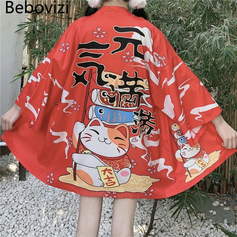 Bebovizi Red Lucky Cat Kimono Women Japanese Yukata Female Asian Clothes Loose Cardigan Shirt Traditional Japan Style Haori japan style women s traditional kimono vintage bathrobe classic yukata beautiful floral prints photography dress cosplay wear