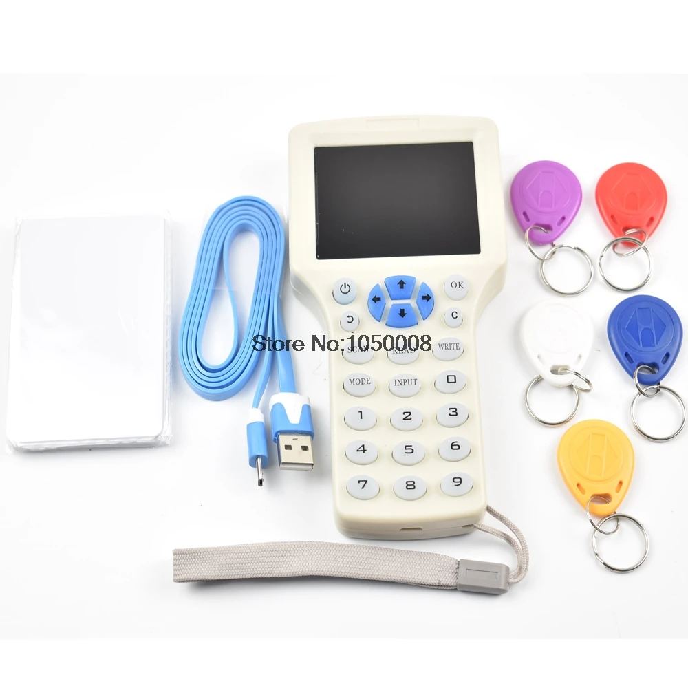 

English 10 frequency RFID Copier ID IC Reader Writer Encrypted Duplicator Programmer13.56mhz UID Writable card+125khz T5577 Keys