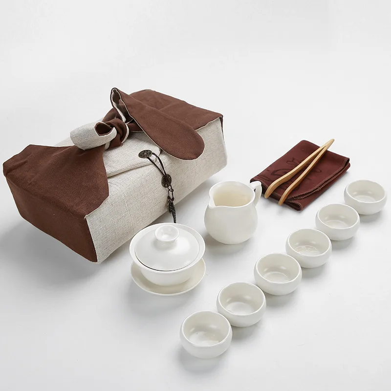 

Gift Customization Ding White Matte Glaze Tea Set Combo 1 Pot Six Cup Kung Fu Ceramic Tea Utensil with Travel Bag Logo