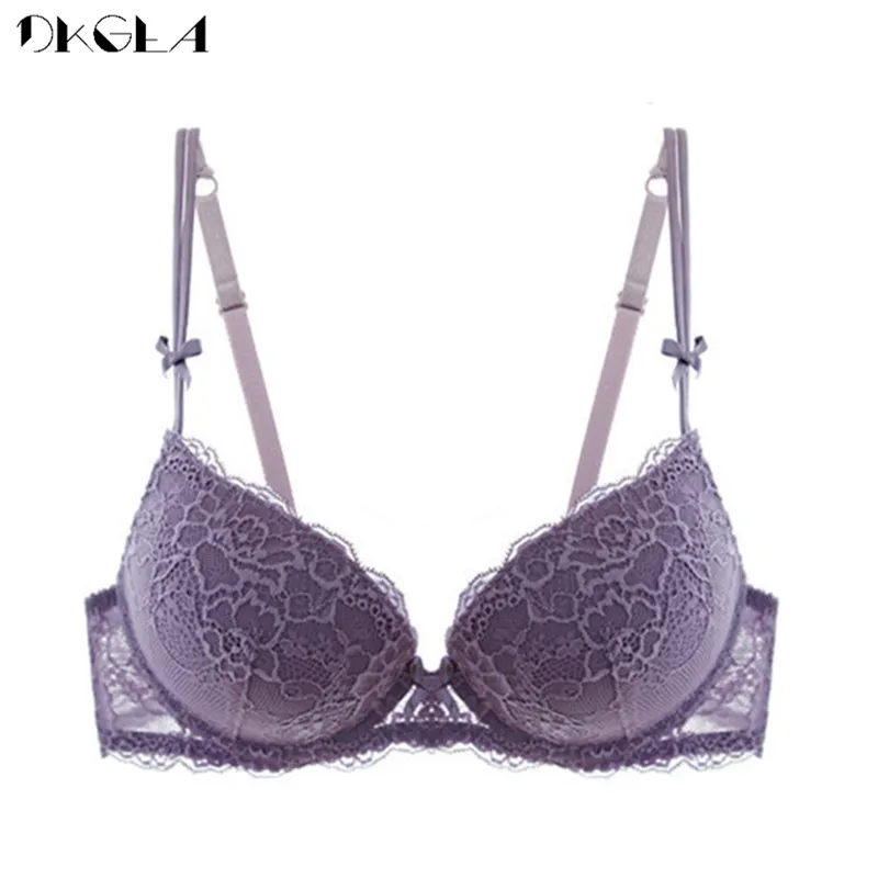 Kopen Nieuwe Super Verzamelen Paars Bras Sexy Vrouwen Ondergoed Katoen Dikke Brasserie ABC Cup Push Up Bh Borduren Kant lingerie Zwart