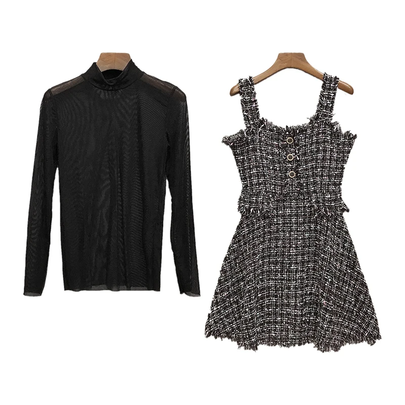 

Dress suit autumn sexy perspective mesh t-shirt + tweed sling waist slimming dress two-piece suit