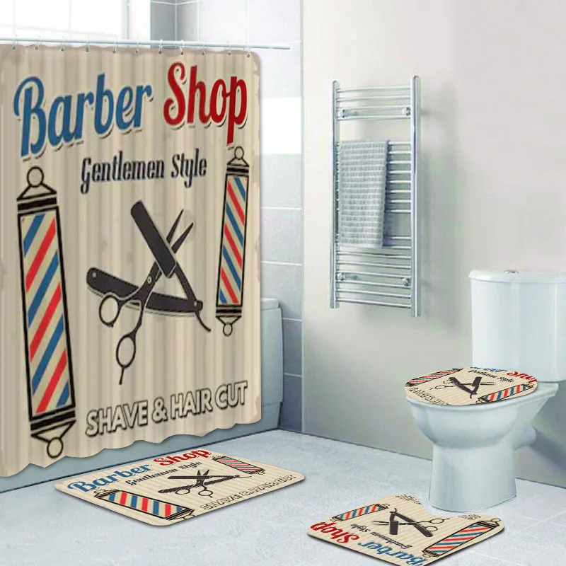 

Vintage Barber Shop Shower Curtain Set for Bathroom Barber Shop Decor Toilet Bathtub Accessories Bath Curtains Mats Rugs Carpets