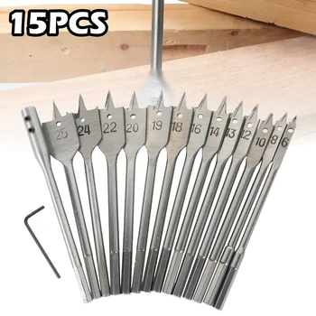 

15pcs Woodworking Flat Drill Set Hex Shank Spade Flat Wood Drill Set for Metal Plywood High Steel Auger Power Tool Kit