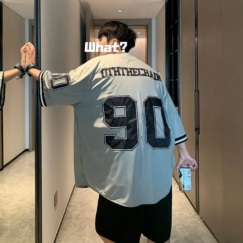 Men Short Sleeve Shirts Vintage Fashion Streetwear Hip-hop V-neck Summer Ins Baseball Outwear Chic Korean Style Harajuku Leisure casual short sleeved shirt short sleeved shirt