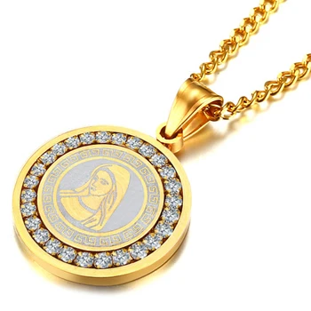 

Christian Gold Stainless Steel Crystal Cubic Zirconia Round Tag Virgin Mary Pendant Necklace Unisex Amulet Jewellery