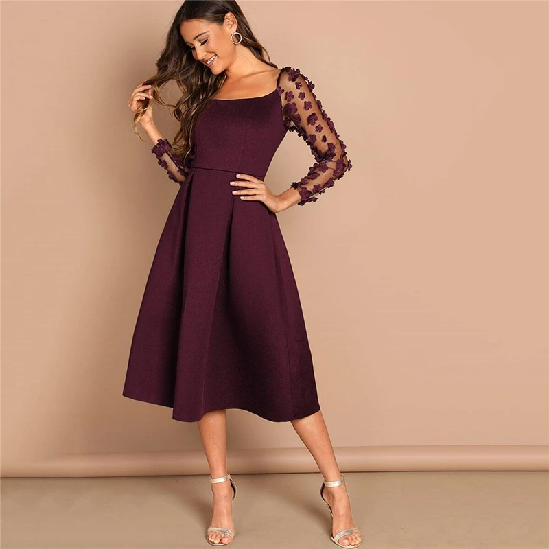 SHEIN Night Out Contrast Mesh Appliques Pleated Square Neck Knee Length Dress Autumn Modern Lady Workwear Women Dresses