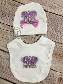 

MIYOCAR 0-6m cotton light purple crown rhinestone baby hat and bib set unique baby shower gift bling baby cothes HB1