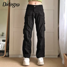 Darlingaga Street Style Big Pockets Black Baggy Jeans Woman Casual Solid Denim Pants Straight Ruched Hip Hop Sweatpants Capris