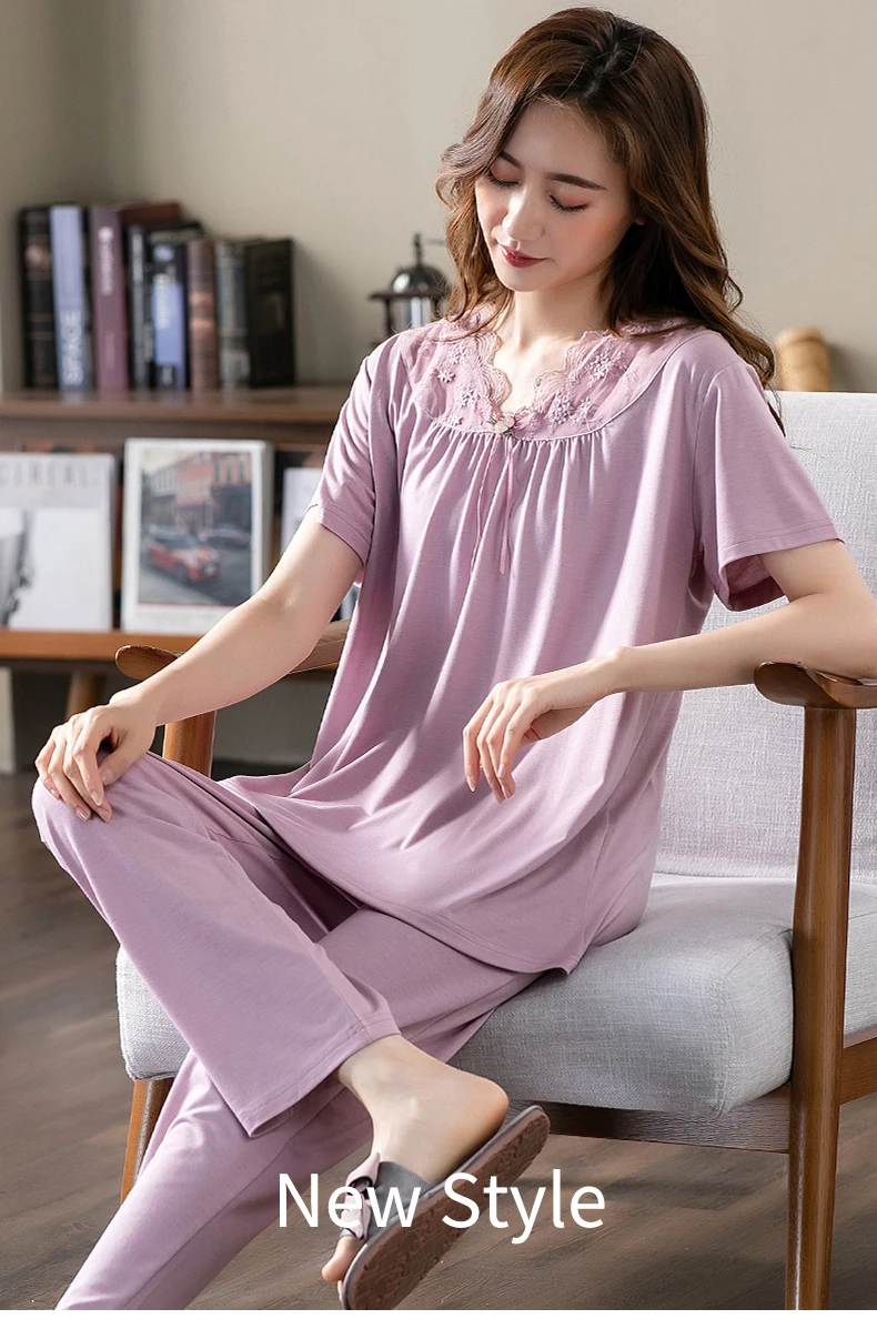 sexy pajama sets for women Women Pajama Sets Modal Cotton Pijamas Mujer Sleepwear Lady Short Sleeve Summer Nightwear Femme 2 Pieces Sets Lace Homewear XXXL womens pyjama sets