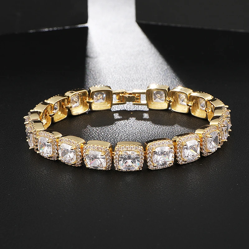 US7 1Row 10mm Geometric Square AAA CZ Stone Tennis Chain Bracelets Bling Iced Out Cubic Zirconia Bracelet for Men Hiphop Jewelry