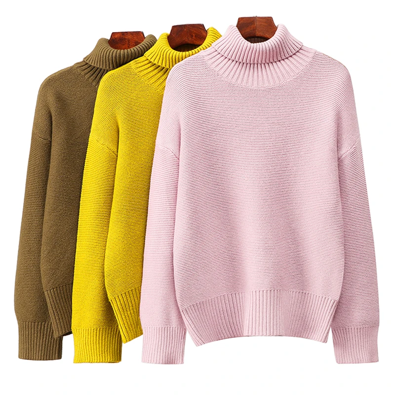 

Turn-down Collar Sweater Women High Elasticity Knitted Ribbed Pullover Loose Jumper Autumn Winter Basic Female Thick Sweater
