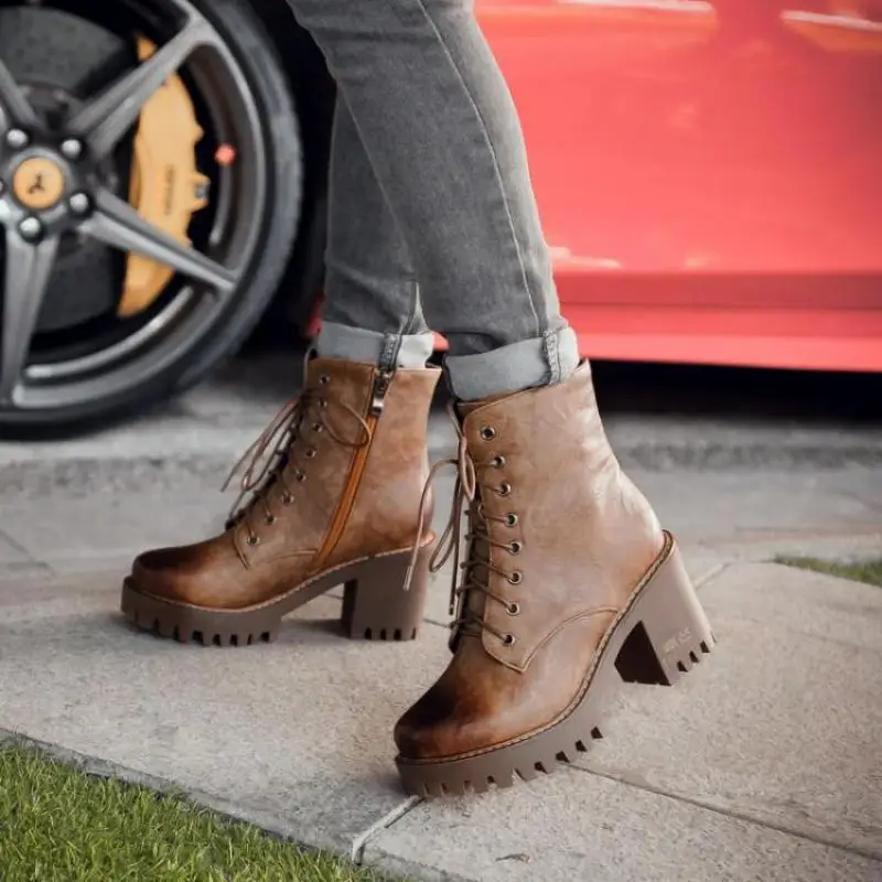 Botines con cordones para mujer, botas cortas con plataforma de tacón grueso, en color negro, marrón y rojo, tallas grandes 32 a 43