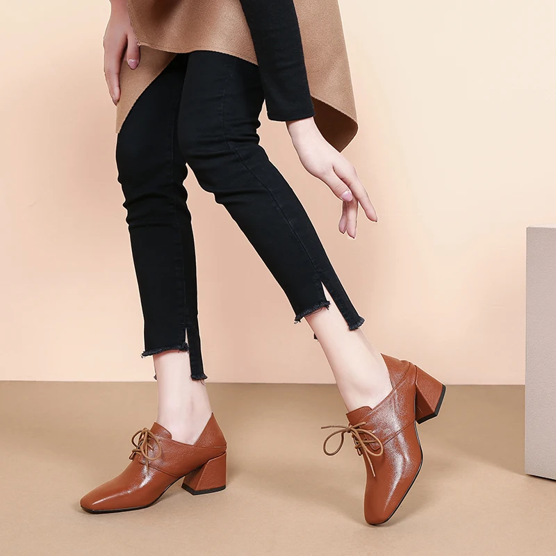 

Tanariya New Arrival Shoes woman women Spring and autumn 2019 thick heel lace-up cowhair shoes for women
