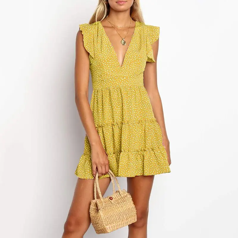 

Yellow Polka Dots Mini Dresses Women Summer Sexy V-Neck Boho Dress 2019 New Bohemian Floral Printed Beach Dress Vestidos Female