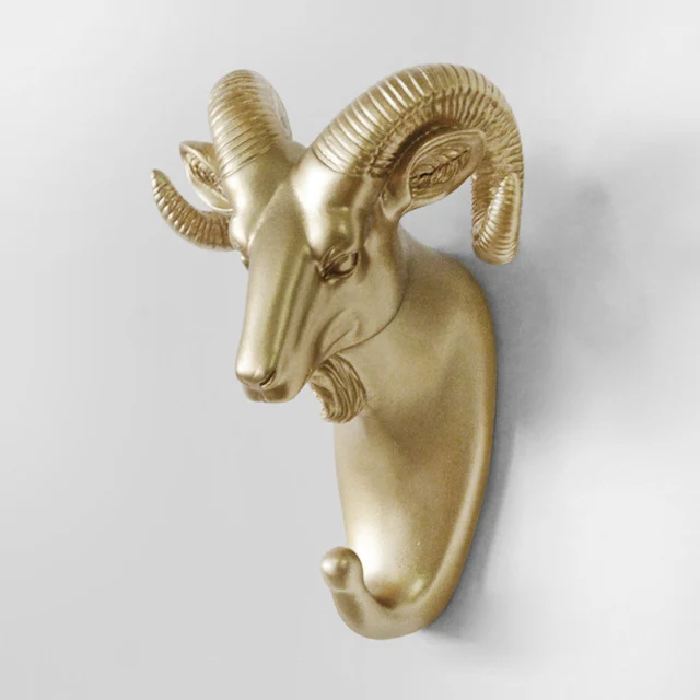 Gold Goat Head Креативные 3D крючки для стены украшения животных двери крючки декоративные крючки для одежды полимерные крючки олень носорог слон жираф лошадь декорации - Цвет: Gold Goat Head