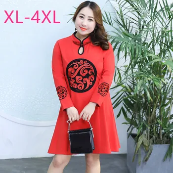

Spring autumn plus size dress for women large casual slim long sleeve Chinese style embroidery O neck dresses black red 3XL 4XL