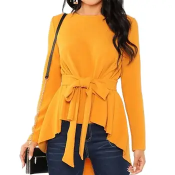 

2019 Ginger Self Belted Asymmetrical Hem Top Casual Long Sleeve Round Neck Blouses Women Autumn Elegant Office Ladies Blouse