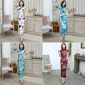 

New Short Sleeve Classic Women Cheongsam Elegant Long Sexy Qipao Summer Print Dress Mandarin Collar Plus Size 3XL 4XL