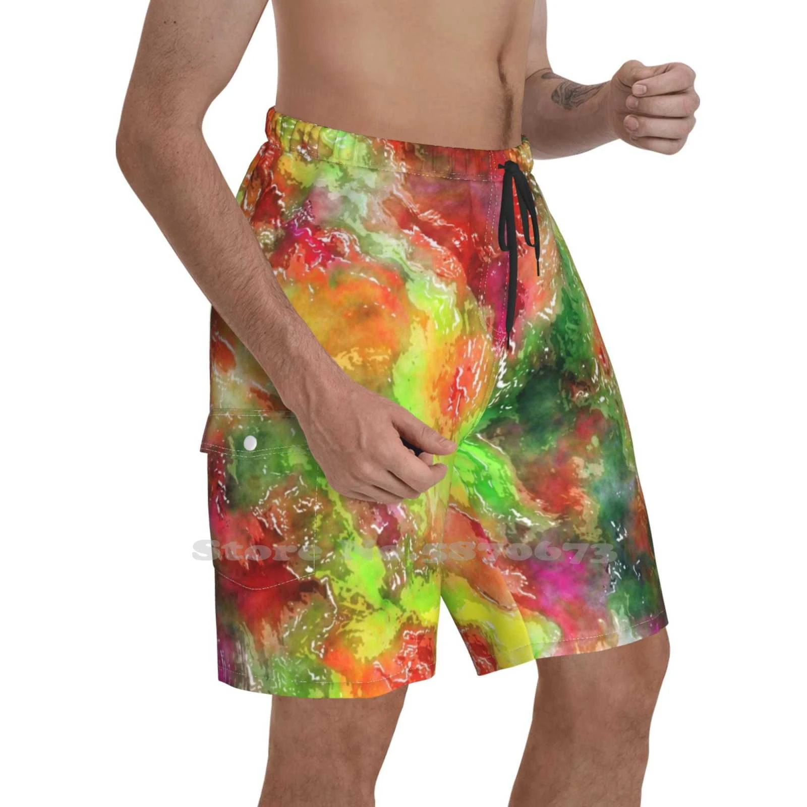Pintura húmeda de acuarela obra de arte, pantalones cortos deportivos para correr, pintura húmeda de acuarela, trazos de pincel líquido para verter líquido|Pantalones cortos de surf| AliExpress