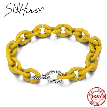 

Yellow Men Bracelet Silver Color 925 Metal Beads Link Chain Bracelets Women Jewelry Hip Hop Gift 21CM Hard Rubber Bracelets