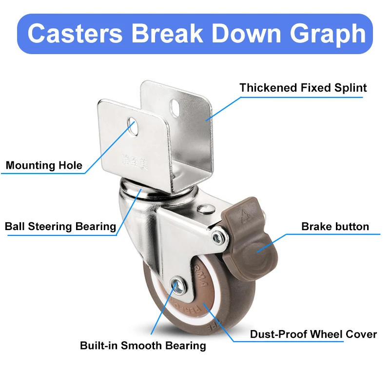 4 шт. Мебельные ролики 2 дюймов кроватки ролики шкаф зажим с Тормоз колеса мягкий резиновый шарнирный ролик, мебельная фурнитура