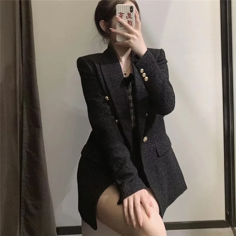 TRAF 2021 Tweed Blazer Woman Vintage Black Textured Elegant Female Blazer Autumn Double Breasted Office Long Sleeve Jackets red jogging suit