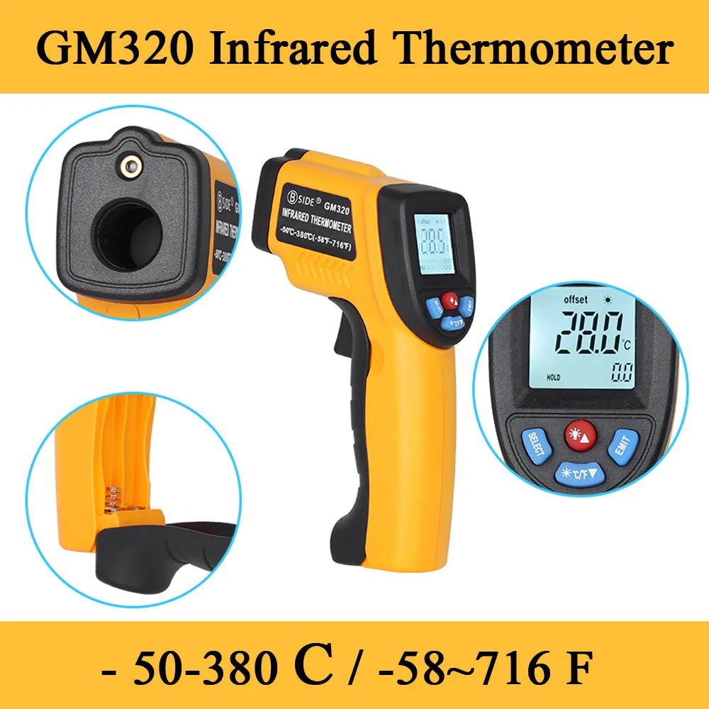 2020 GM320 LCD IR Infrared ThermometerNon- Digital Pyrometer Temperature Meter -50~380 Degree Termometr |