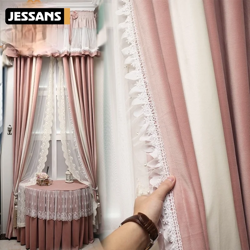 French High-end Pink Princess Style Pure Color Flannel Lace Stitching Curtains Blackout for Bedroom Living Room | Дом и сад