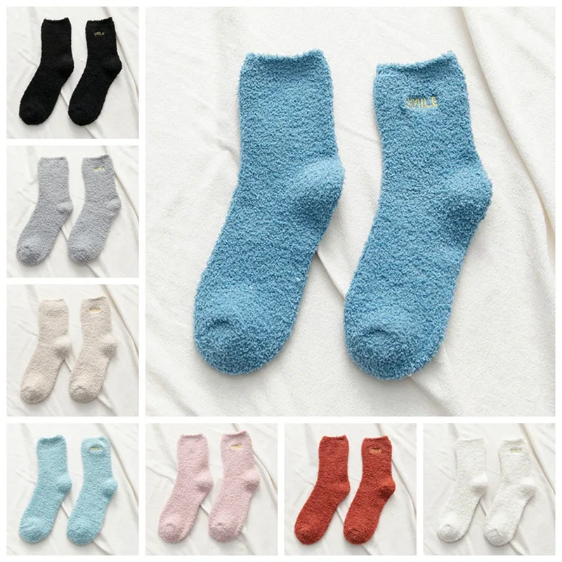 1 пара, зимние женские теплые мягкие носки с надписью и смайликами коралловые бархатные носки для девочек повседневные пушистые домашние носки-Тапочки
