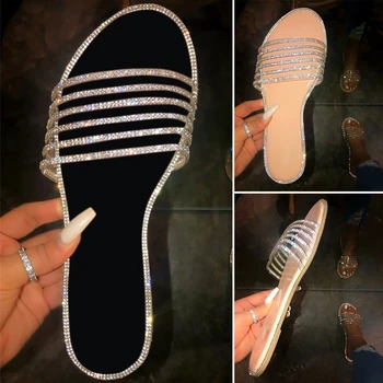 

2020 New Crystal Fashion Shiny Sandals Glitter Rhinestones Women Slippers Sumemr Casual Ladies Flat Shoes Woman Slippers D30