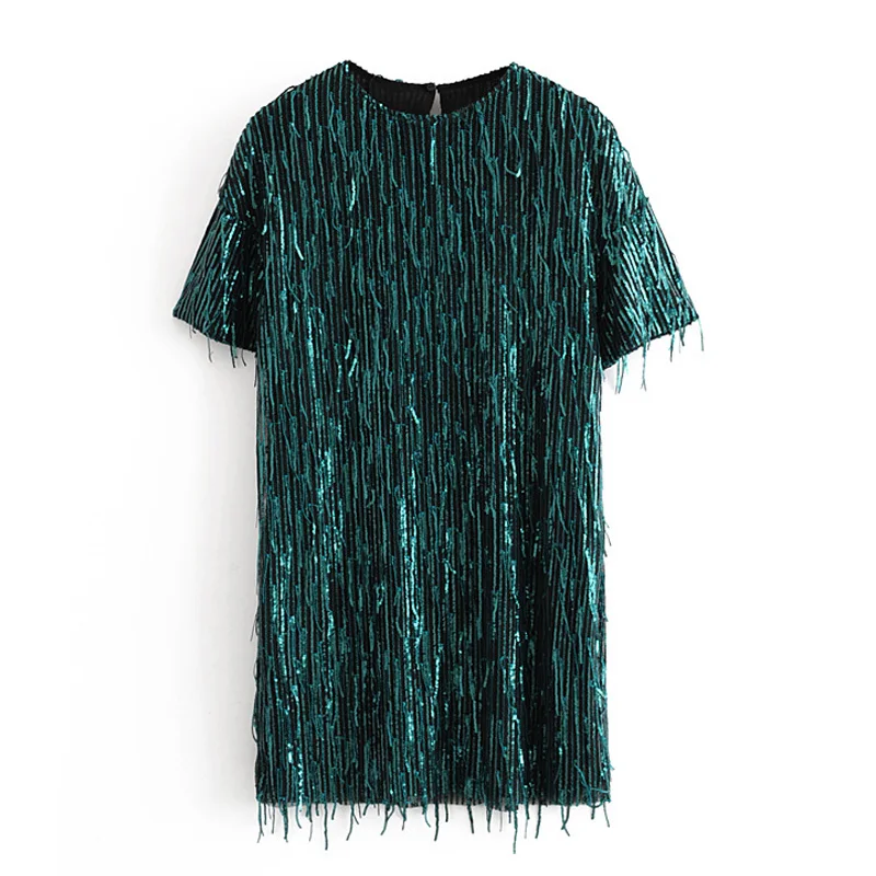 

ZOEPO O Neck Tassel Dresses Women Fashion Straight Sequined Lined Dress Women Elegant Short Sleeve Mini Dresses Female Ladies KH