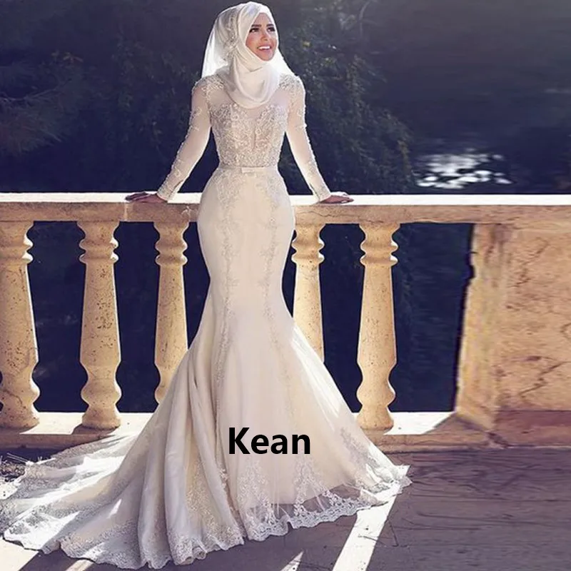

Muslim vestido de noiva Mermaid Wedding Dress Applique Full Sleeve Scarf Dubai Arabic Robe De Mariee Custom Made New Arrival