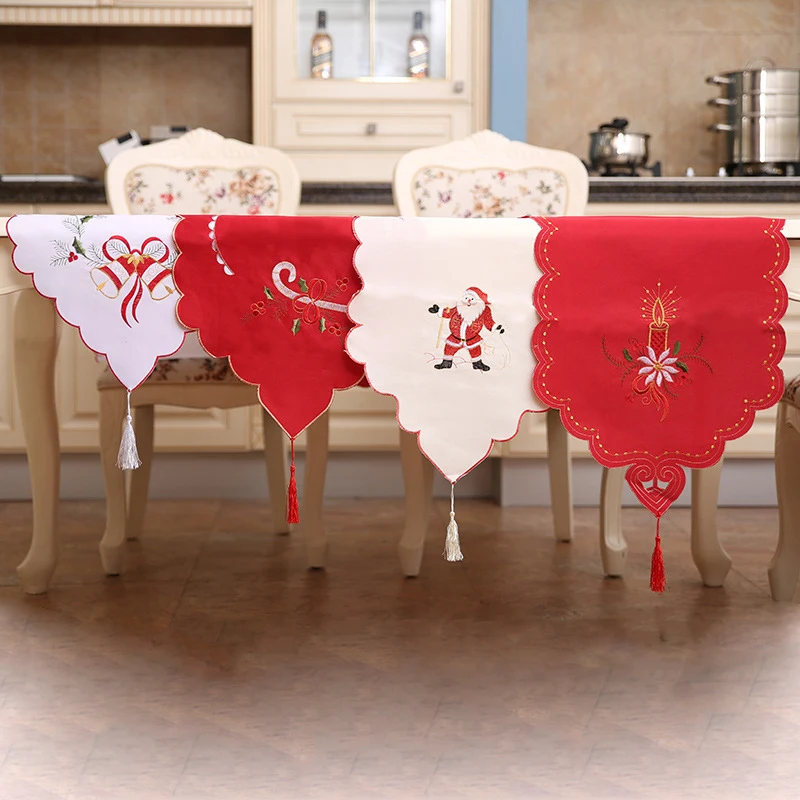 

170*40cm Embroidered Christmas Table Runner with Tassel Christmas Santa Claus Bells Pattern Cloth Table Cloth Cover Home Decor