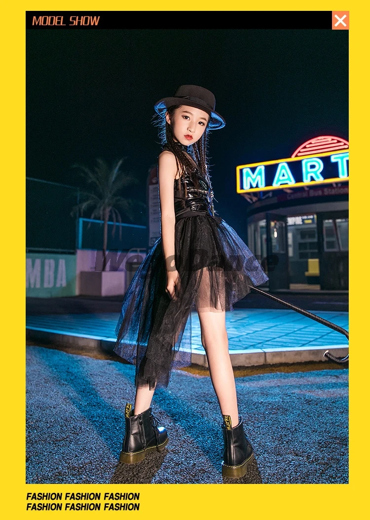 Children Jazz Dance T-stage Model Walk Show Suit Girl Fashion Dance Performance Dress Pu Leather Top And Skirt Set