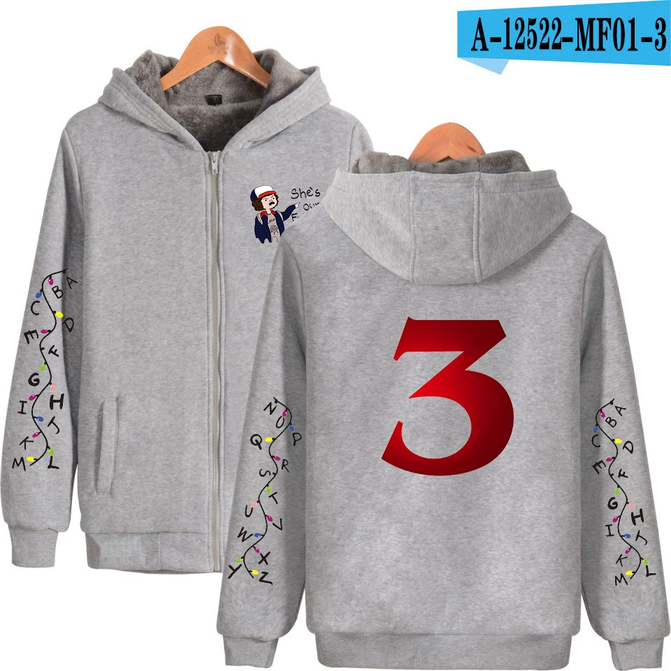 Странные Вещи Сезон 3 толстовка на молнии толстовки Мужские кофты Harajuku аниме Толстовка Теплый пуловер Одежда размера плюс толстовки - Цвет: Gray