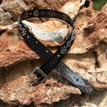

Japanese Style Retro Ami Kakji All Imported Varved Leather Inlaid Denim Handmade Leather Double Needle Waistband Leather Belt