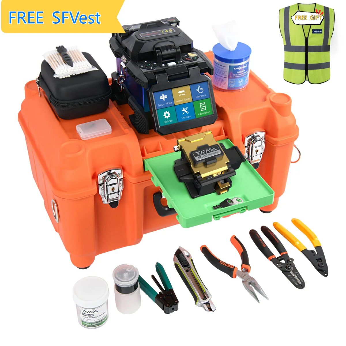 ORIENTEK T45 Optic Fiber Fusion Splicer Core Alignment Huge Color LCD Monitor Touch Screen FREE SFVest Fibra Optica