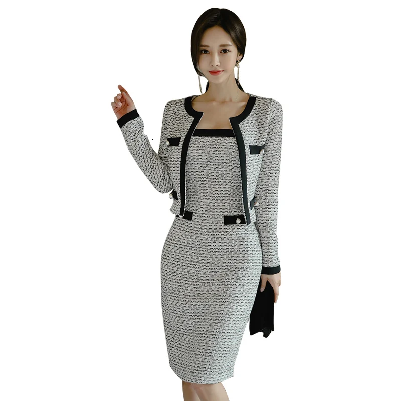 

2019 Autumn Winter Fashion 2 Pieces Tweed Set Women Short Jacket Coats And Strapless Sheath Pencil Bodycon Dresses OL Outfits